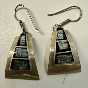 Vintage 925 Sterling Silver Abalone Inlay Artisan Dangle Earrings Boho Statement